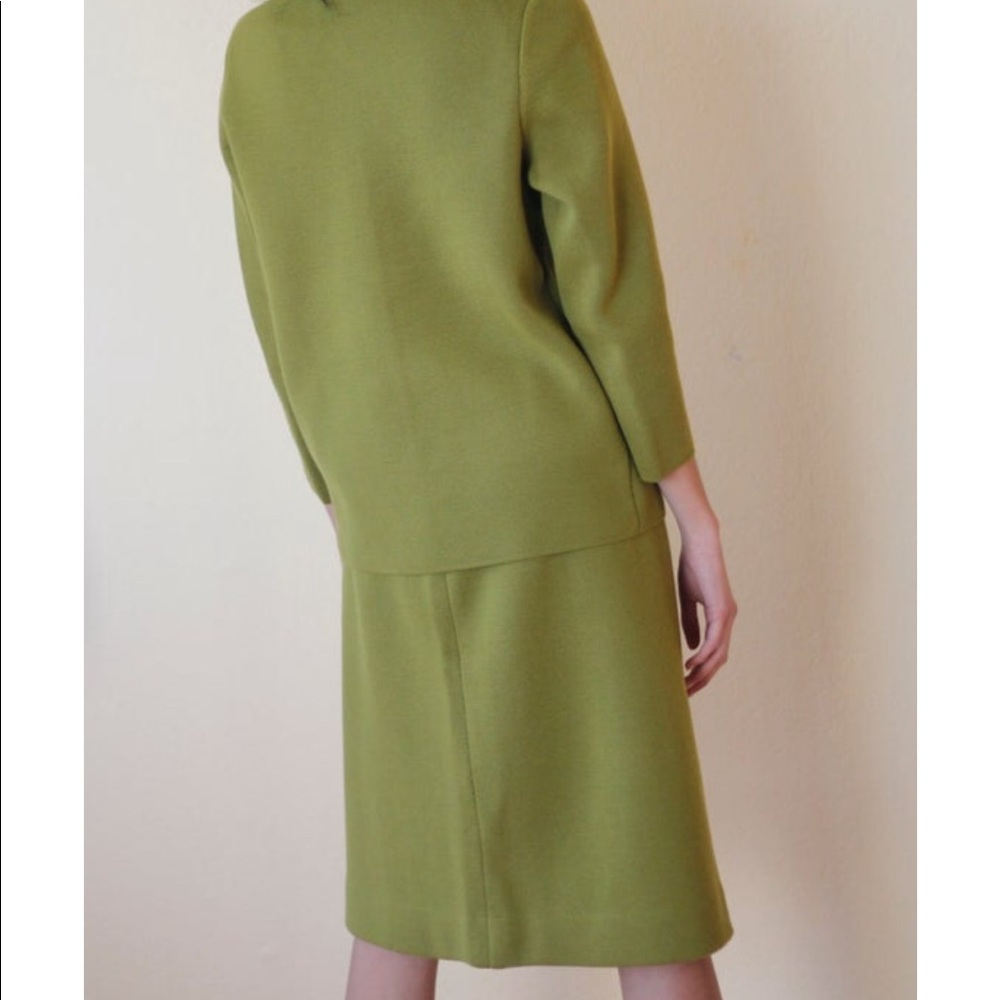 Vintage 70s wool olive green suit skirt cardigan - Picture 2 of 4